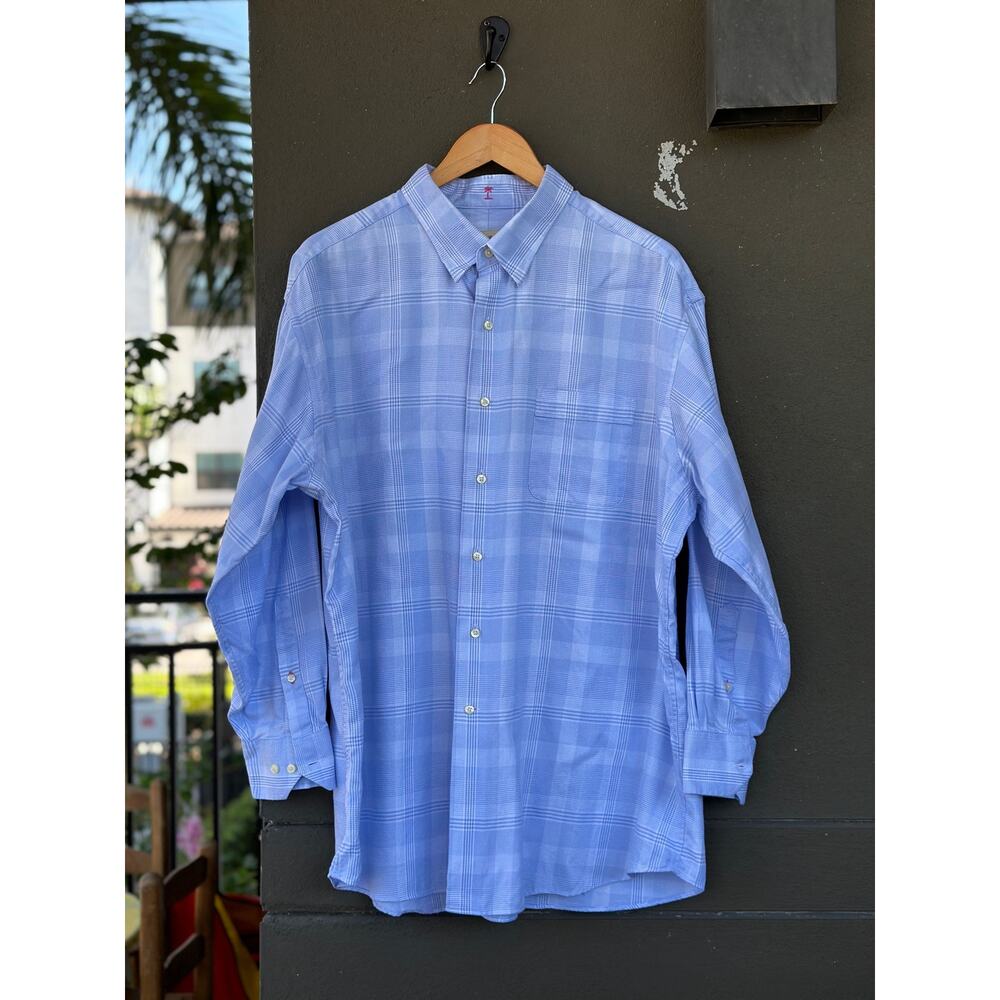Tommy Bahama Shirt Men’s 17.5 (32-33) Blue Check Stretch Long Sleeve Button Up
